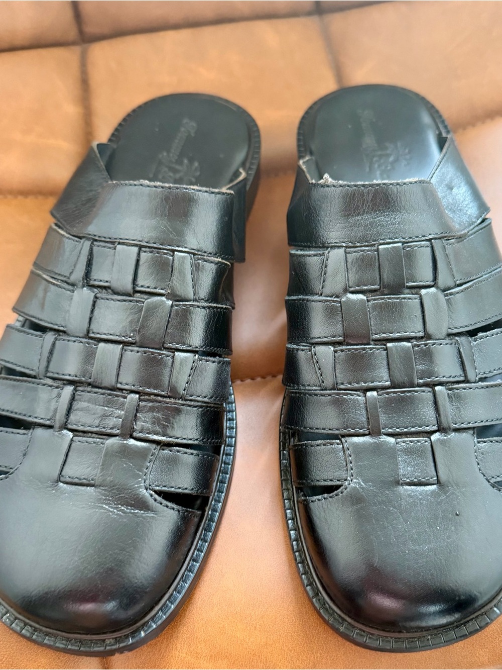 Tommy Bahama Black Woven Leather Slide Sandals